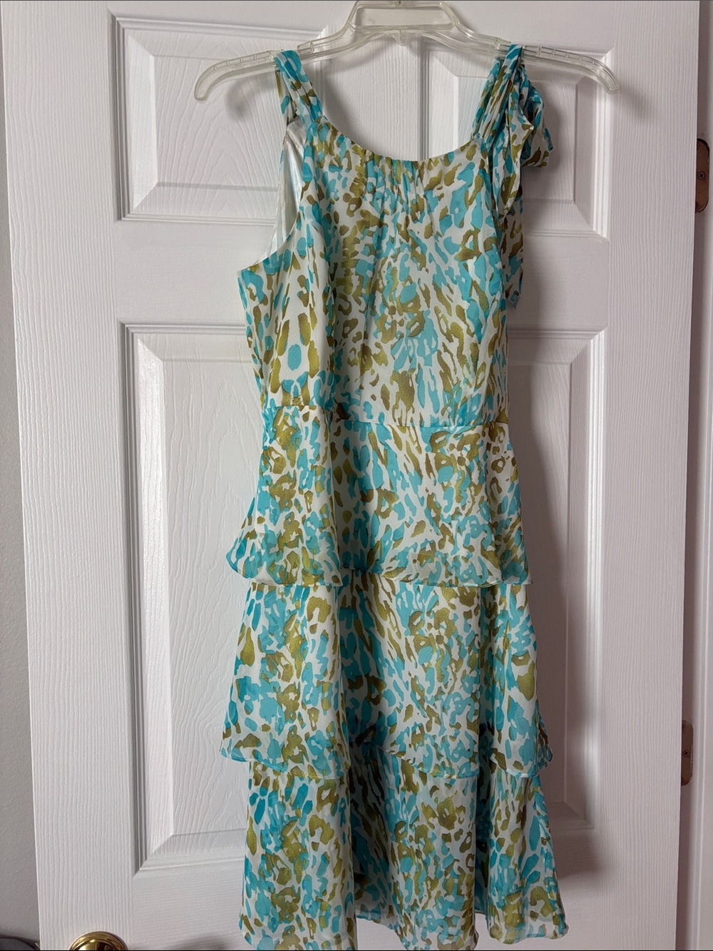 BCBGMaxAzria Teal, Olive and White Tiered Sleeveless Dress